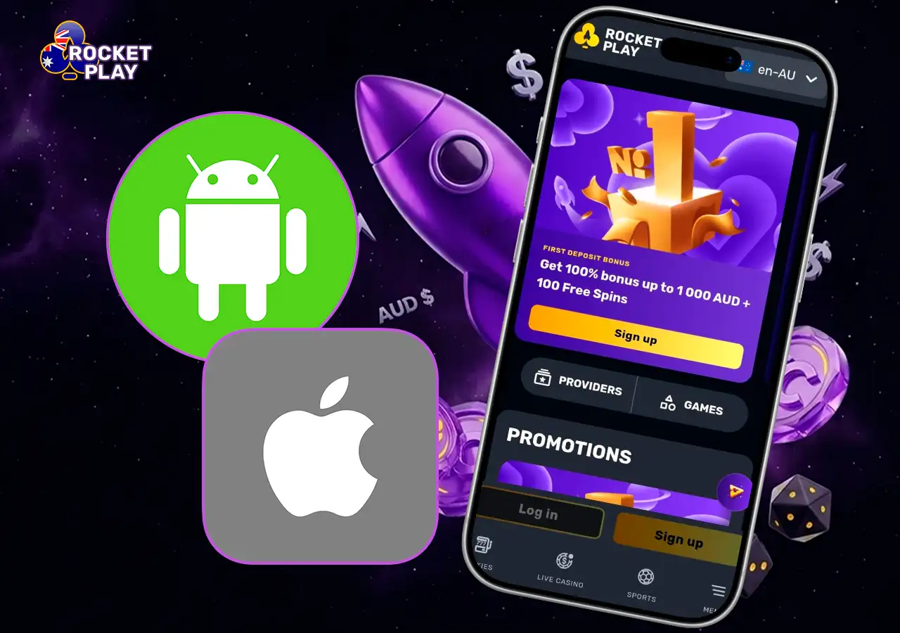 RocketPlay mobile casino web application optimized for iOS and Android.